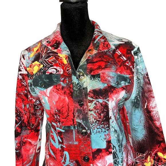 St. John Sport Marie Gray Button Up Abstract Colorful Print Moto Jacket XS - Picture 2 of 9